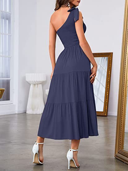 One-shoulder Pleated Layered Hem Split Dress - Runway Frenzy 