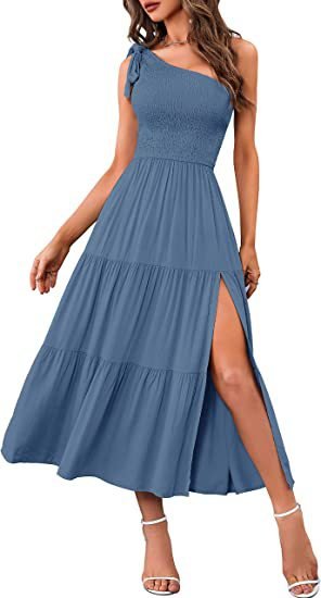 One-shoulder Pleated Layered Hem Split Dress - Runway Frenzy 