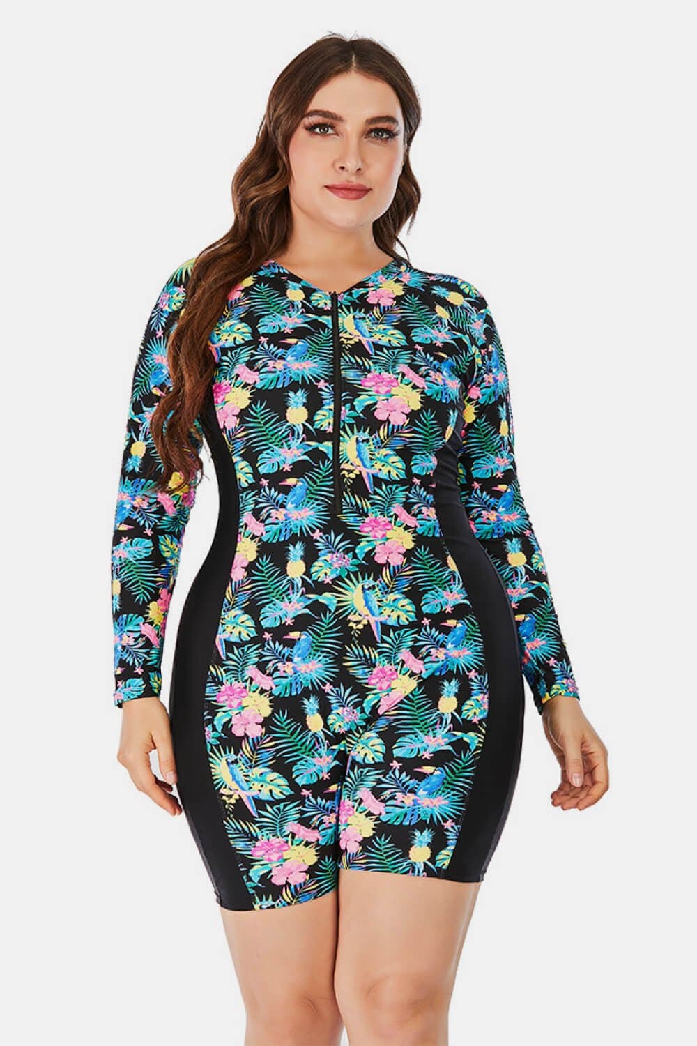 Plus Size Floral Zip Up Long Sleeve Short Wetsuit - Runway Frenzy
